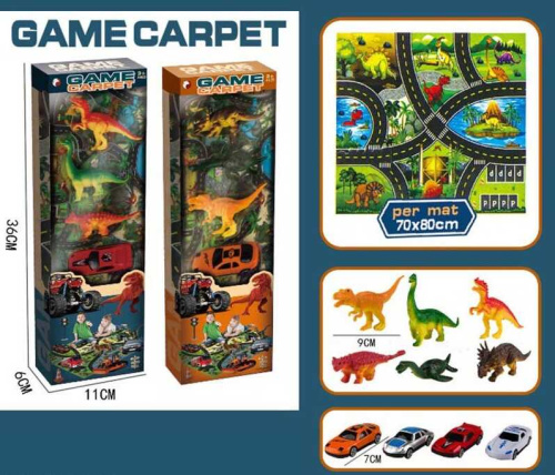 Набор машин, 3 фигурки динозавров, игровой коврик (B 801 - A1) 2 вида