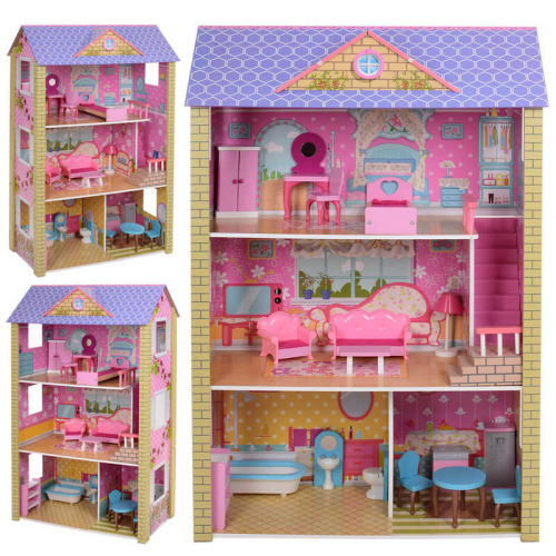 Деревянный домик для кукол - 3 этажа, мебель (MD 2009)